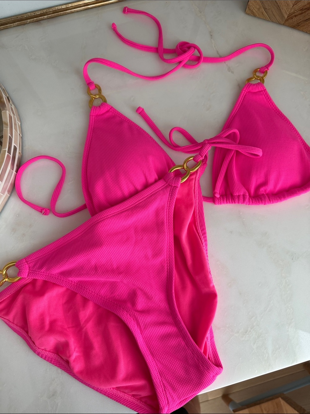Bleu Rod Beattie Neon Pink Textured Triangle Bikini with Gold Rings